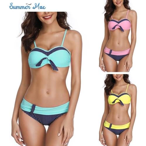 Summer Mae Womens Patchwork Bikini Swimsuit Polka Dot Sexy Tie Knot Front Swimwear Set