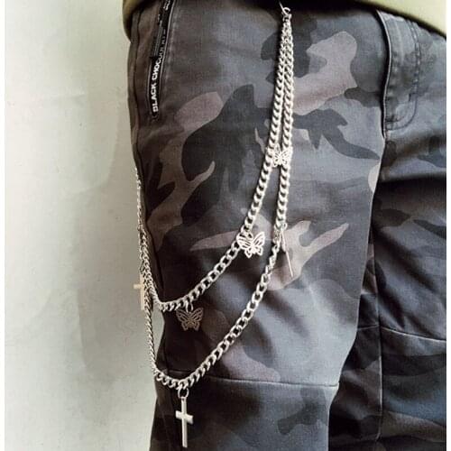Hot Metal Wallet Belt Chain Rock Trousers Hipster Pant Jean Keychain silver pin Cross butterfly Ring Clip Keyring Mens Jewelry
