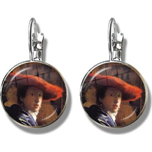 Fashion Silver Color Punk Style French Hook Earrings Vermeer Oil Painting Girl Wearing Pearl 16mm Glass Cabochon Jewelry Women