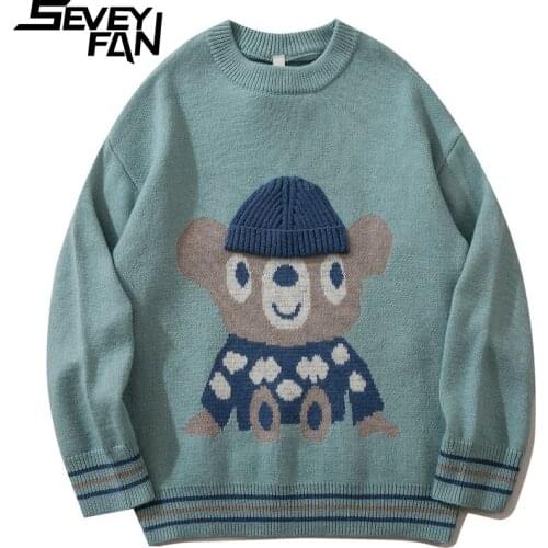 SEVEYFAN Mens Cartoon Deer Striped Sweater BF Loose O Neck Cotton Knitwear Hip Hop Pullover Sweaters for Couples