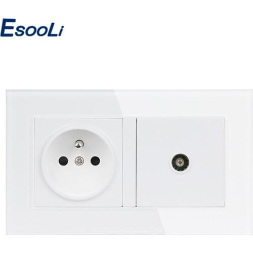 ESOOLI French Standard Luxury glass panel 2 Gang Wall Power 16A electric Socket Grounded With Female TV Jack Double Outlet