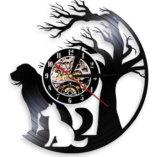 Doggy Vinyl Record Wall Clock Dogs under The Tree Silhouette Led Wall Watch Puppy Landscape Contemporary Wall Lamp For Kid Gift