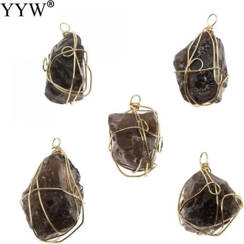 Natural Raw Stone Irregular Brown Crystal Quartz Pendant Necklace Copper Wire Wrapped Goldtone Pendant For Women Fashion Gift