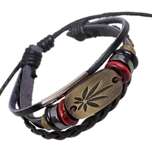 Punk Fashion Black Maple Leaf Bracelet Multilayer Charm Retro Weave Leather Bangle Wrap Wristbands Men Women Hippie Rock Jewelry