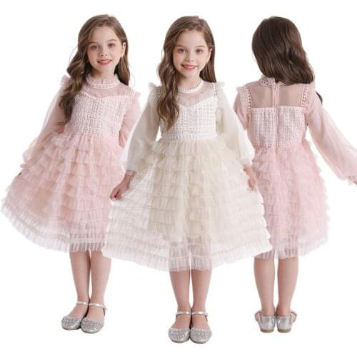 Autumn Lace Dress Flower Long Sleeve Kids Princess Dresses for Girls Embroidery Wedding Party Vestidos Mesh Childrens Clothing
