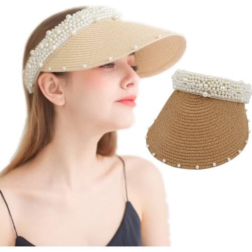 Pearls Summer Empty Top Beach Straw Hats Handmade Visor Hat for Woman Girls Sun 2021 Fashion Anti-UV Outdoor Casual Caps