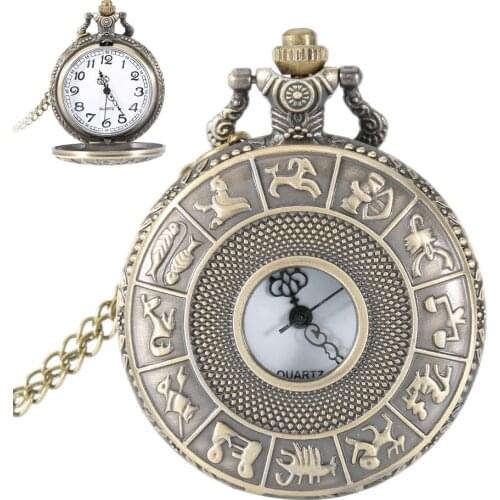 Vintage Steampunk Constellation Zodiac Pocket Watch Dial 4.7cm Pendant Necklace Chain Clock Romantic Gift For Husband LL@17