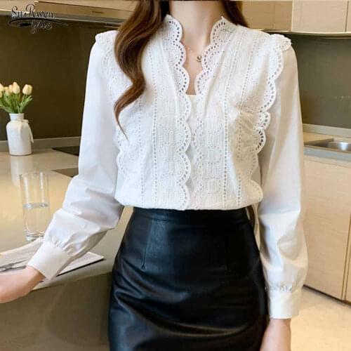 Fashion New V-neck Flower Lace Stitching Shirt Autumn French Hollow Out Blouse Women Vintage Loose Womens Long Sleeve Top 16618