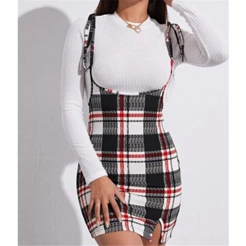 Women Fashion Casual Vintage Plaid Print Adjustable Thin Shoulder High Waist Strap Overall Skinny Mini Skirts Daily All Season