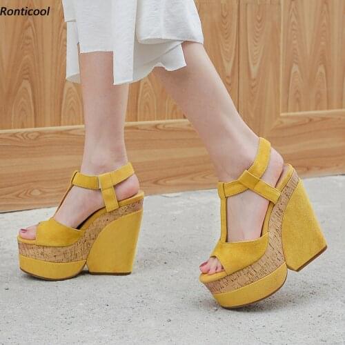Ronticool New Fashion Women Suede T- strap Sandals Sexy Wedges High Heel Open Toe Gorgeous Green Yellow Dress Shoes US Size 5-10