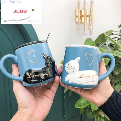 3D Relief Cat Coffee Mug with Lid and Spoon Love Kitty Ceramic Water Tea Cup Wedding Gift Blue and Black 400ml