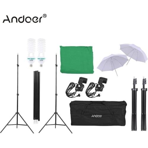 Andoer Photography Kit Backdrop Stand Green Muslin Backdrop White Daylight Light Bulbs with Soft Light Umbrella Light Stand