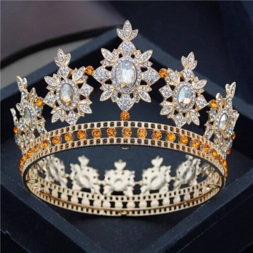 Baroque Wedding Crown Royal Queen Crystal Metal Circle Bride Tiaras Hair Jewelry Pageant Party Head Ornaments Princess Diadem