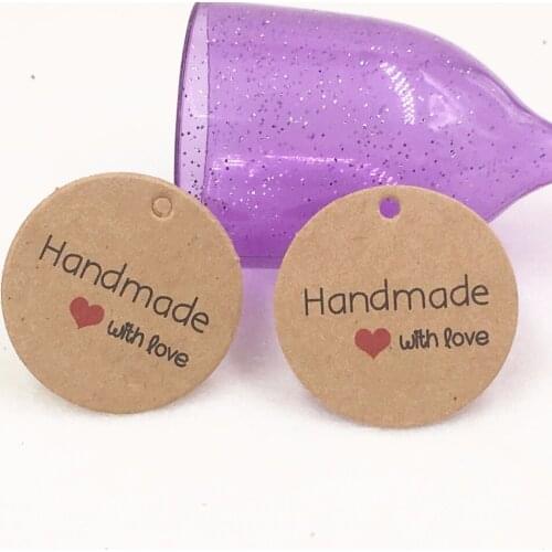 100pcs/lot 1.38inch kraft paper hand made tag with love Christmas Gift box tag candy cupcake handmade favors name brand tag