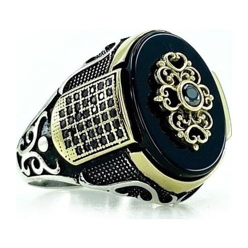 Black Oval Onyx Honeycomb Model Top Quality Production 925 Silver Men 'S Ring