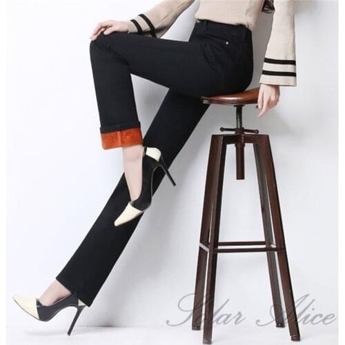 Free shipping 2020 womens winter new velvet high-rise straight-leg jeans stretch slim casual pants