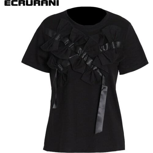 ECRURANI Patchwork Temperament T Shirt For Women O Neck Short Sleeve Bowknot Loose Casual T Shirts Female 2021 Fashion New Style
