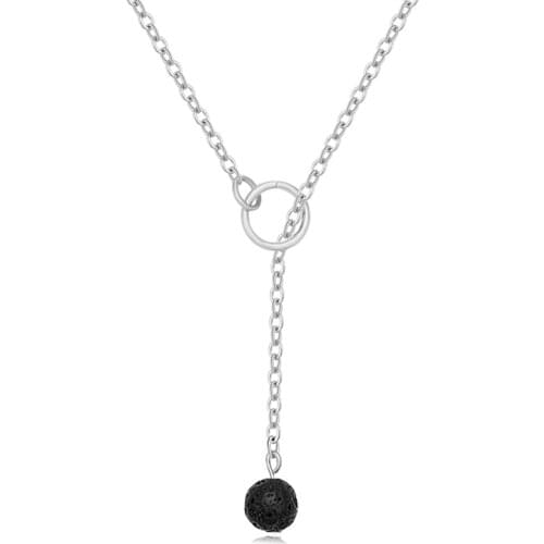 FYJS Unique 3 Colors Black Lava Stone Round Beads Pendant Necklace Simple Style Jewelry