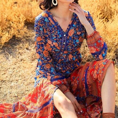 Jastie Retro Bohemian Women Summer Dresses 2021 V-Neck Long Sleeve Single-Breasted High Waist Slim Midi Dress