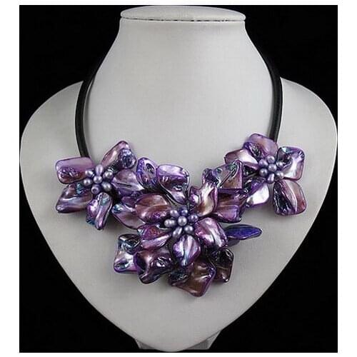 Unique Pearls jewellery Store,Purple Color Shell Real Freshwater Pearl Black Rope Leather Necklace Handmade Flower Jewelry