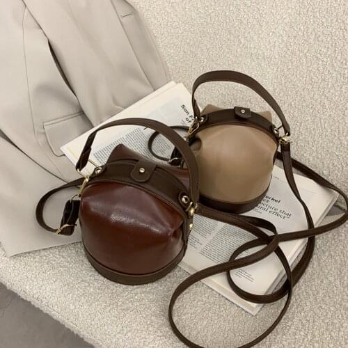Fashion PU Leather Bucket Top-handle Bag Simple Women Pleated Shoulder Pouch Portable Hit Color Messenger Satchel
