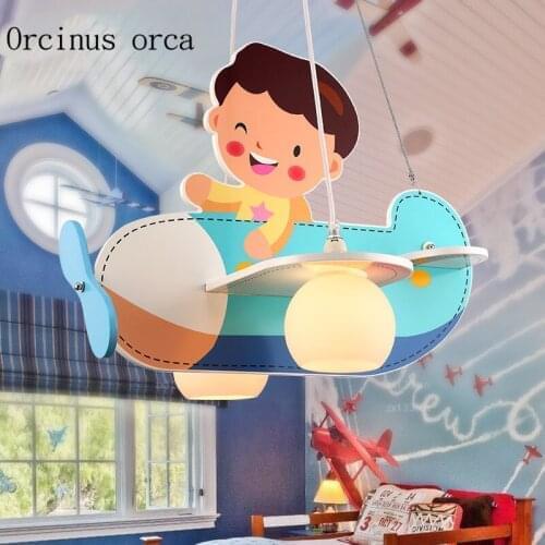 Cartoon creative blue aircraft chandelier boys bedroom children room light modern personality simple LED wooden Chandelier