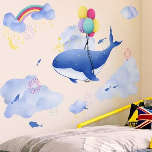 Cartoon Whale Clouds Balloons Wall Stickers DIY Fish Animal Mural Decals for Kids Rooms Baby Bedroom Nursery Home Decoration