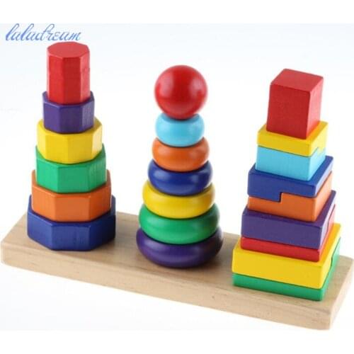 Three Column Shape Set Of Rainbow Tower Children Wooden Blocks Toys Developing Learning Ability Educational Toy