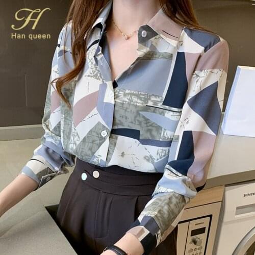 H Han Queen New Printing Shirt Womens Blouse Vintage Work Casual Tops Chiffon Blouse Elegant Loose Women Business Shirts 2021