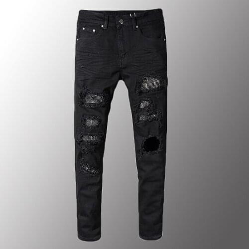 New Mens Jeans Mens Slim Skinny Crystal Rhinestone Patchwork Ripped Jeans Fashion Patch Black Stretch Denim Pants 28-40