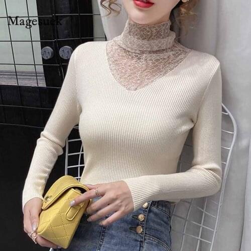 Solid Casual Lace Splicing Womens Sweater Turtleneck Winter Knitted Mesh Pullover Sweet Long Sleeve Women Clothes Female 11588