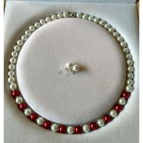 Wholesale good 8MM White /Wine South Sea Shell Pearl necklace + earrings set 18" Red stone gem Collier Halsketten Big Sweat