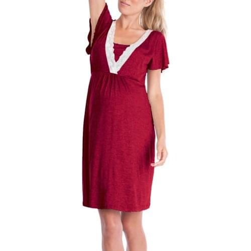 Short Sleeve Nursing Pregnant Pajamas Solid Color Dress Fashion Multifunction Womens Mother Lace Pregnants Pajamas