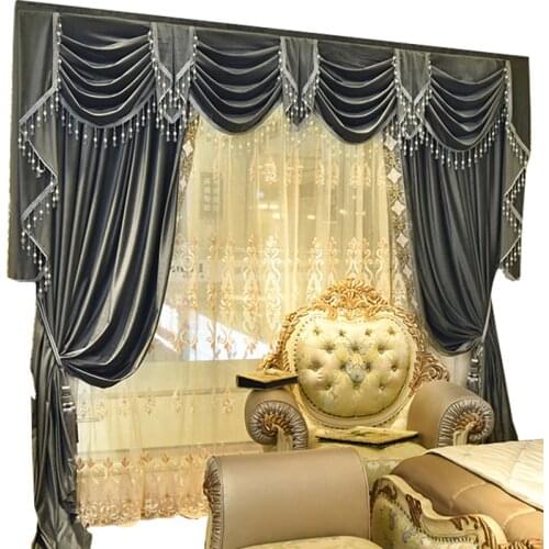 Custom curtains high class European luxury Simple pure grey color French velvet embroidered lace curtain valance tulle N043
