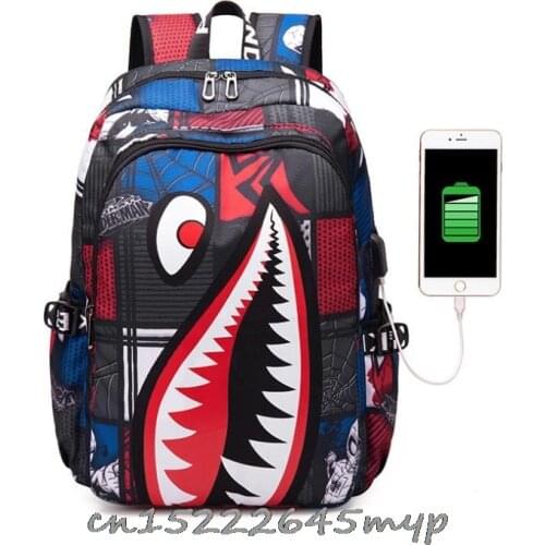 Shark Backpack USB Charging Men Women Backpack Waterproof Teenagers School Bag Casual Laptop Mochilas For Girls Boys