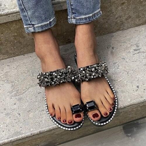 Womens Sweet sandals for summer flat bottom casual shoes for women with crystal woman slipper street fashion shoe female A088