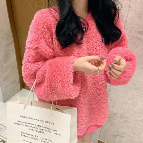Sweet candy color lamb wool sweatshirt women fashion autumn winter o neck long sleeve pullover loose thick fluffy loose tops