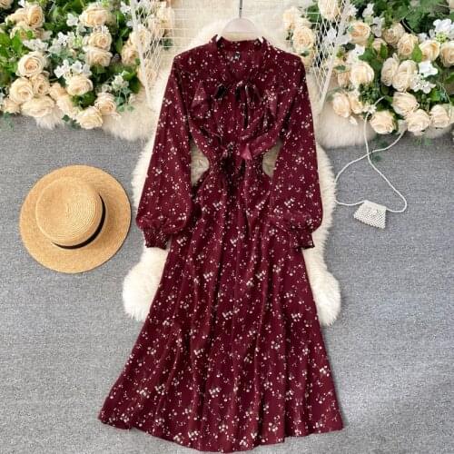 Teeuiear Vintage bow neck slim Autumn floral print long Dress Party elastic waist office dress Women elegant tunic beach dress