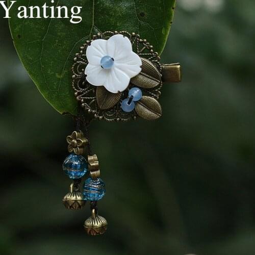 Yanting Shell Flower Hair Claws Hollow Flower Glass Glazed Beads Ethnic Hair Jewelry Vintage Copper Alloy Flower Hairpin 083