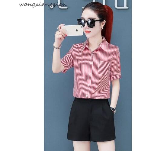 Black and white striped shirt female 2019 summer new style fashion shirt Korean short-sleeved shirt ladies A476
