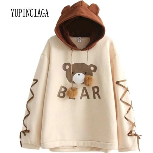 Womens Hooded Sweatshirt Cartoon Bear Print Harajuku Cute Hoodies 2020 Spring Long Sleeve Patchwork Pullovers With Lace Up