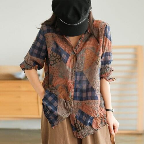 Johnature Women Vintage Cotton Shirts Turn-down Collar Long Sleeve Print Floral Button Blouse 2021 Autumn New Loose Casual Shirt