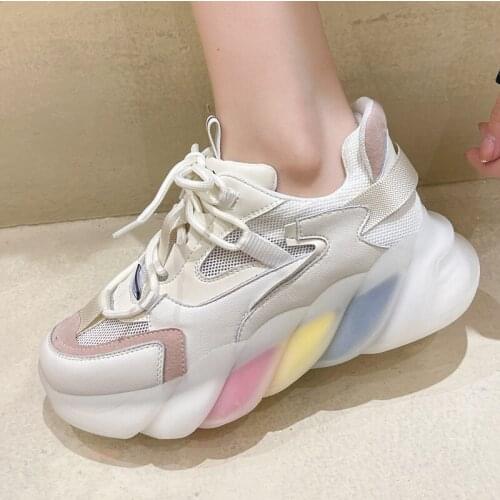 2021 Rainbow Mesh Genuine Leather Women Sneakers Cross Tied Thick Soled Women Shoes Lace Up Mixed Colors Sneakers Spring Autumn