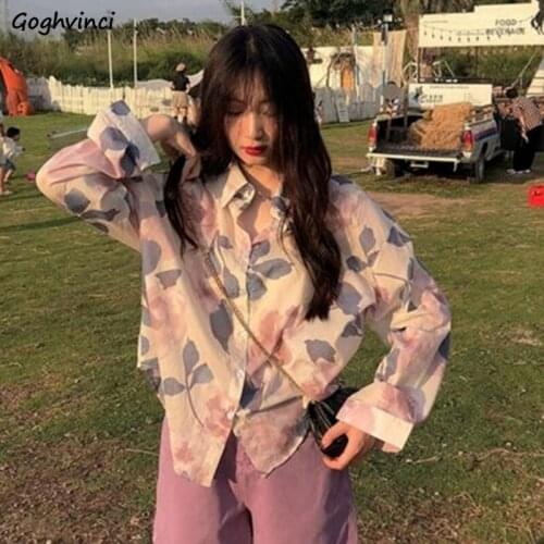 Shirts Women Long Sleeve Turn-down Collar Korean Style Print Sweet Baggy Leisure All-match Sunscreen Student Chic Popular Tops