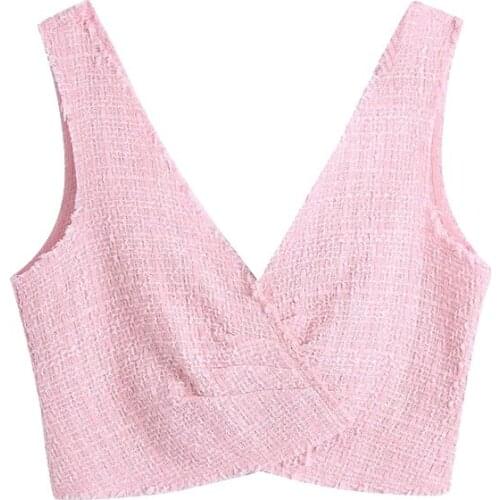 2021 Women Fashion With Frayed Trims Cropped Tweed Tank Tops Vintage Backless Side Zipper Female Camis Mujer