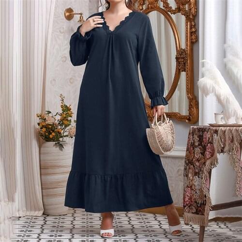 2021 Spring Autumn Dress Women Lace V Neck Long Sleeve Solid Casual Dress Plus Size 5XL Loose Oversized Maxi Long Dresses