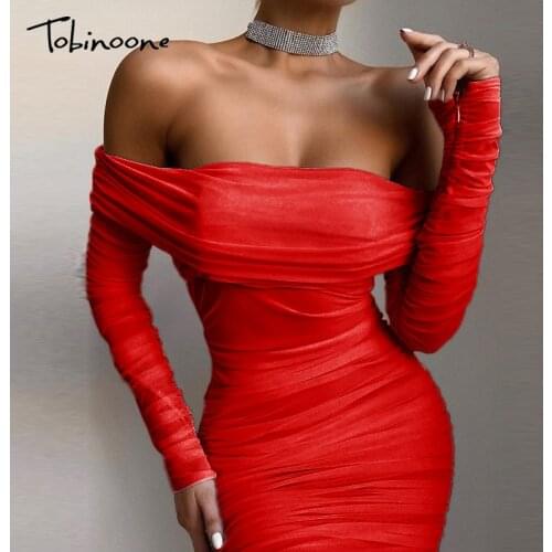 Tobinoone Off Shoulder Ruched Double Layer Mesh Dress Women Long Sleeve Sexy Dresses Ladies Autumn Party Long Christmas Dress