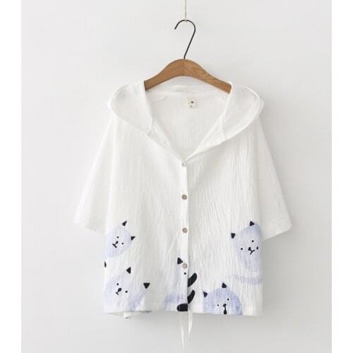 Womens Spring Summer Coat Girl Casual Thin Jacket 3/4 Sleeve Hooded Printed Cotton Linen Shirt Outerwear Sun Protection Clothi