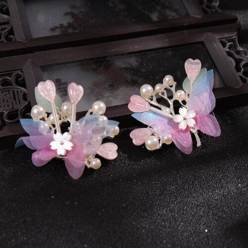 2pcs Butterfly Pearl Hairpin Chinese Style Cute Vintage Headdress Hanfu Clothing Accessories for Little Girls BN