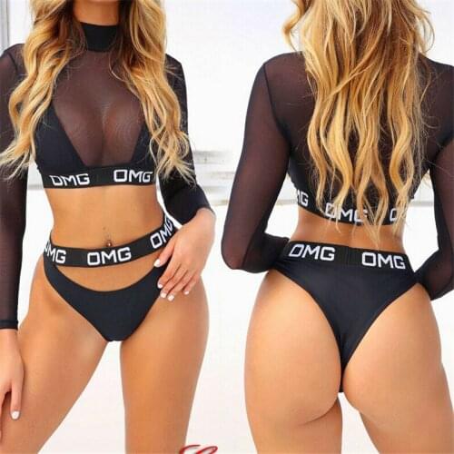 3 PCS 2019 Sexy OMG Mesh Hollow Out Turtleneck Biquini Bathing Suit Female Swimsuit High Waist Plus Size Swimwear Women Bikini